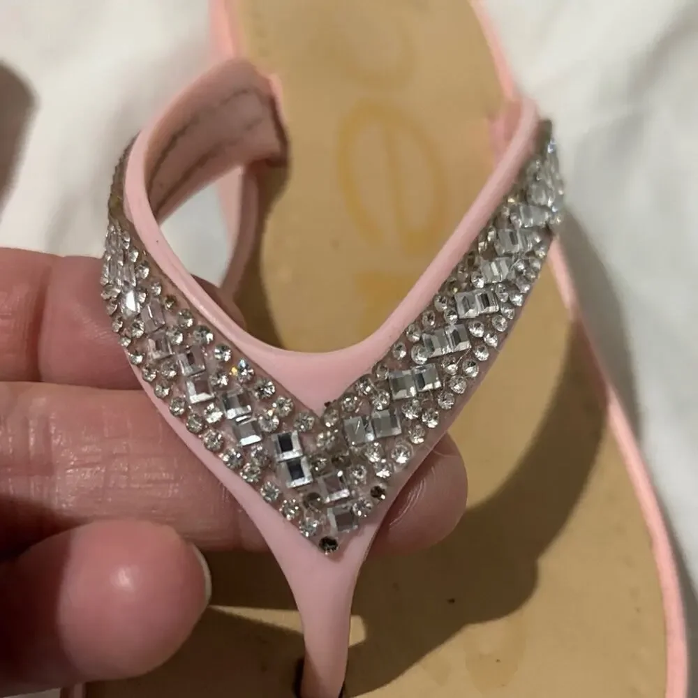 Bebe Pink Rhinestone wedge tween toe flip flops with heel Sandals 11/12 euc